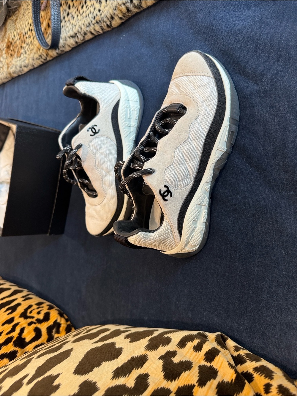 CHANEL Cream and Black Mesh & Suede Athletic Sneakers